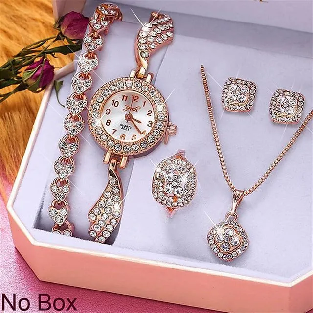 Conjunto de joyería decorativa con diamantes de imitación para mujer, 5 uds., correa de poliuretano pu verde, reloj de cuarzo con esfera redonda a la moda