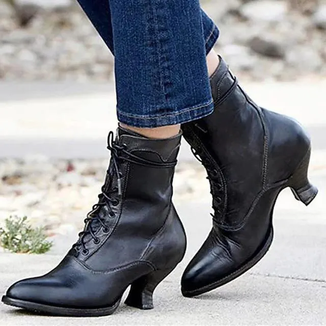 Mujer Botas Bullock Zapatos Tallas Grandes Botas de tacon Exterior Diario Botines Botines Tacón de gatito Dedo redondo Vintage Elegante Casual Zapatos de Paseo PU Cordones Color sólido Negro Rojo