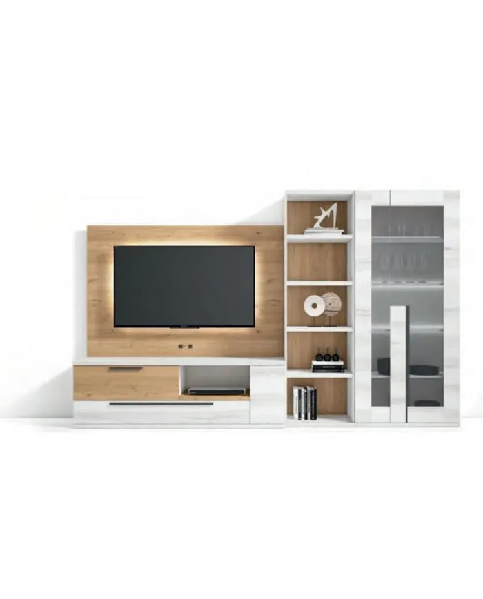 Mueble de comedor con vitrina doble y estanterías en color madera nude lava en Nattex