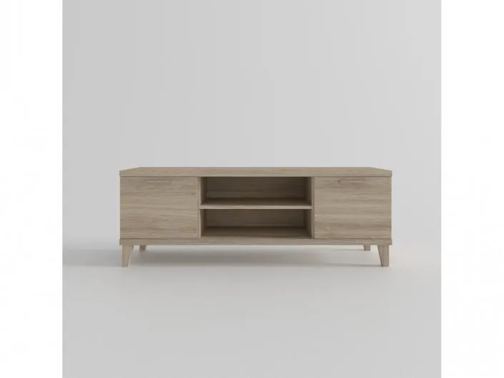 Mesa tv. 2 puertas y huecos con patas inclinadas color roble de 140 cm.