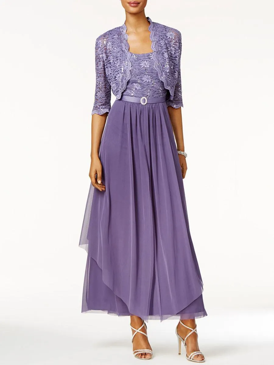 Vestido largo de madre de encaje de línea A hasta el tobillo Vestidos de invitados de boda Conjunto de 2 piezas