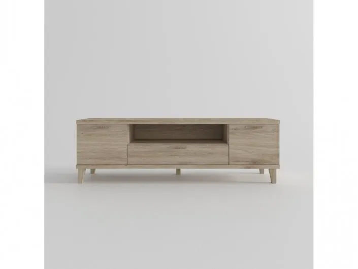 Mesa tv. 2 puertas,hueco y 1 cajón con patas inclinadas color roble de 160 cm.