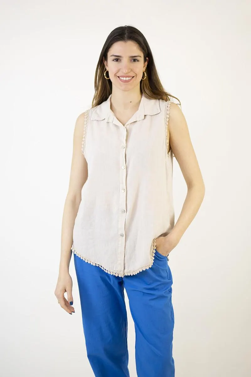 Camisa lino puntilla beige