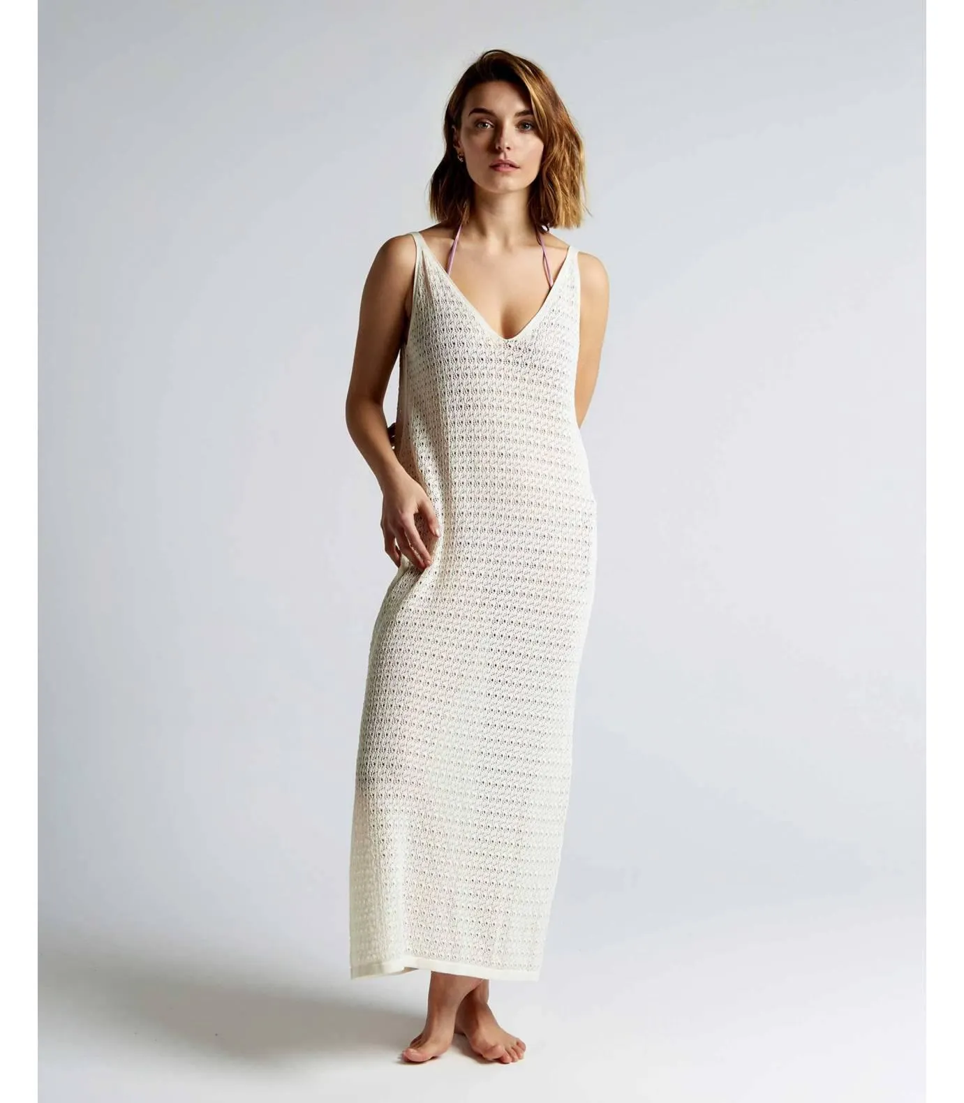 Vestido pointelle de tirantes color crudo