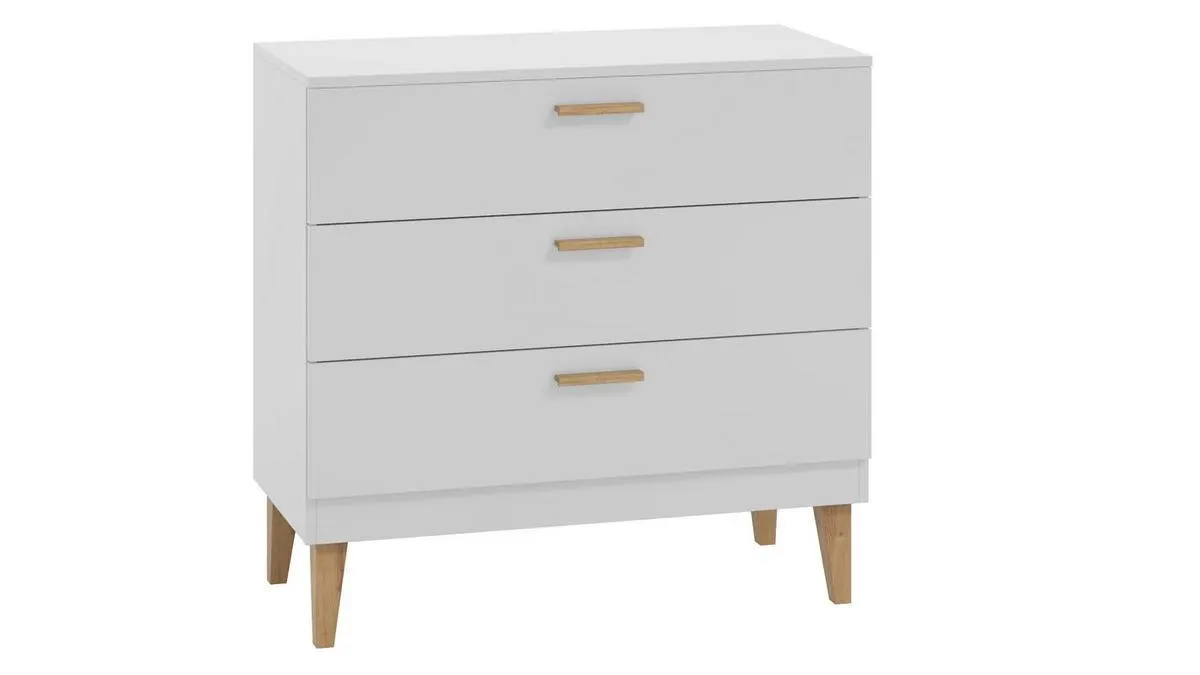 Cómoda blanca con patas de roble y 3 cajones ELIAS