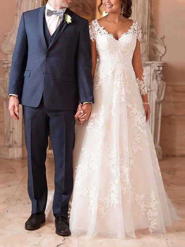 Una línea de vestido de novia con cuello en V de manga larga de encaje corte tren vestidos de novia personalización gratuita