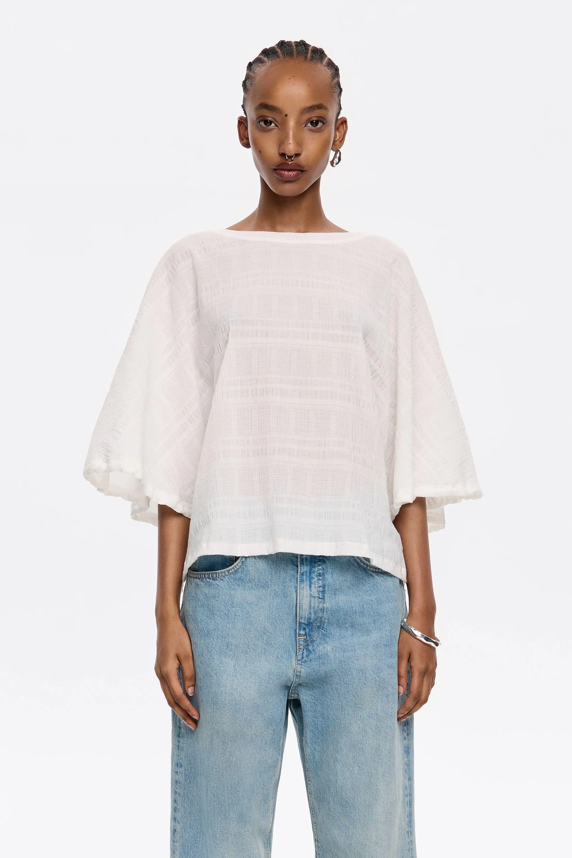 Camiseta bimateria algodón marfil