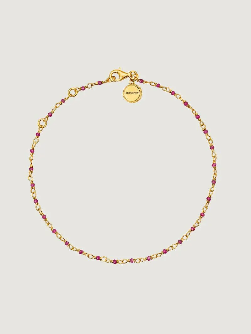Pulsera tobillera de plata 925 bañada en oro amarillo de 18K con rubíes rosas