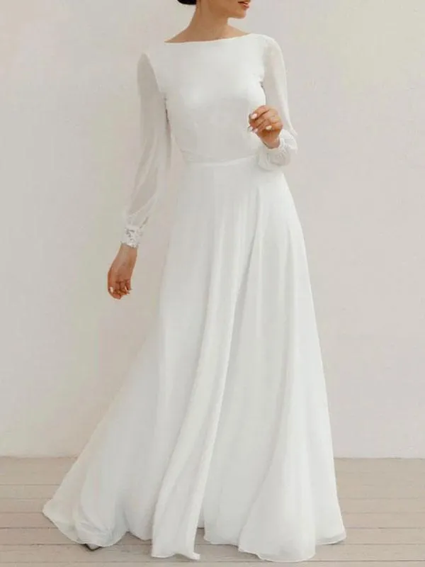 Vestido de novia blanco simple Una línea Cuello joya Mangas largas Encaje Vestidos de novia largos