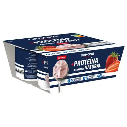 DANONE + Proteina Yogur 0 % materia grasa con proteína de origen natural y sabor a fresa 4 x 100 g.