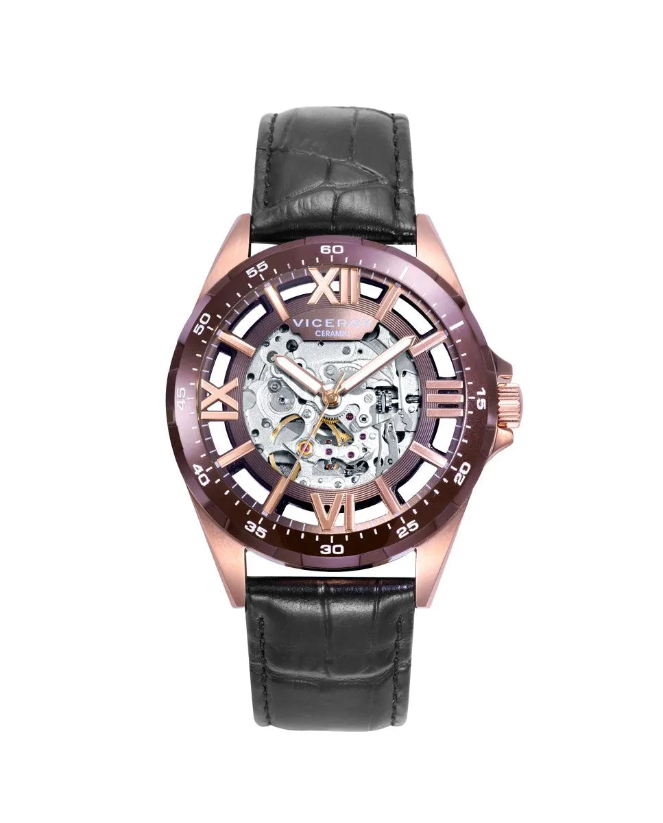 Reloj de Hombre Magnum caja de acero en Ip rosa y correa de piel negra
