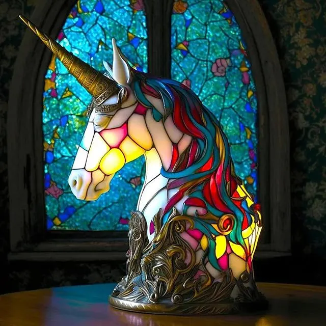 Lámpara de mesa de unicornio, decoración de escritorio de oficina, adorno de resina, decoración del hogar