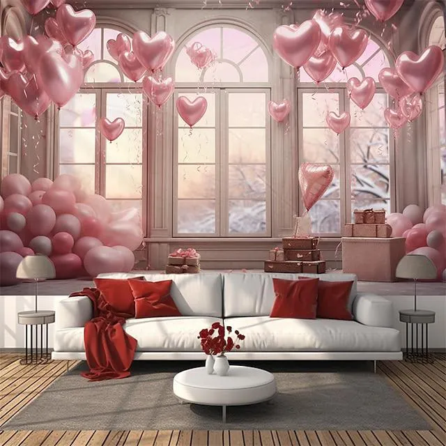 Tapiz colgante de corazón para ventana del día de San Valentín, arte de pared, tapiz grande, decoración mural, fotografía, telón de fondo, manta, cortina, hogar, dormitorio, sala de estar