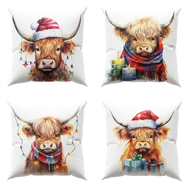 Funda de almohada de doble cara con diseño de vacas navideñas, 4 piezas, funda de cojín cuadrada decorativa suave de Navidad, funda de almohada para dormitorio, sala de estar, sofá, silla