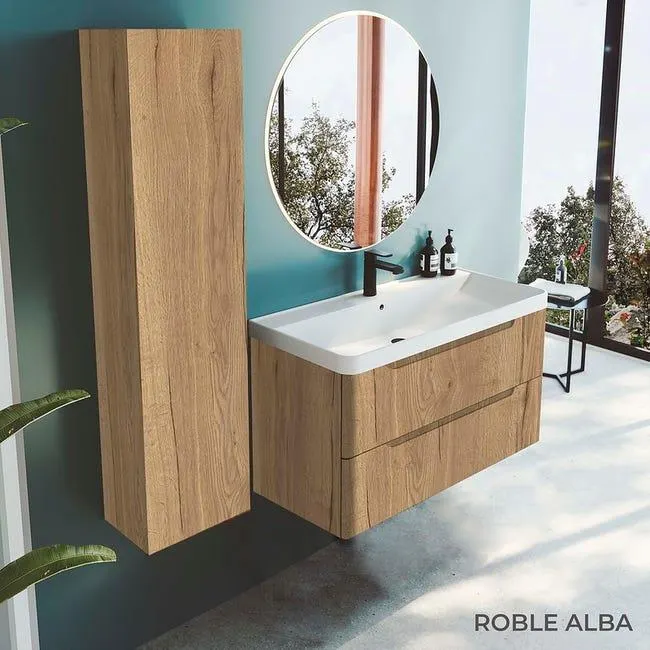 CONJUNTO MUEBLE DE BAÑO SUSPENDIDO MODELO IRUN 80 CM. 2 CAJONES ROBLE ALBA Y LAVABO COSMOS