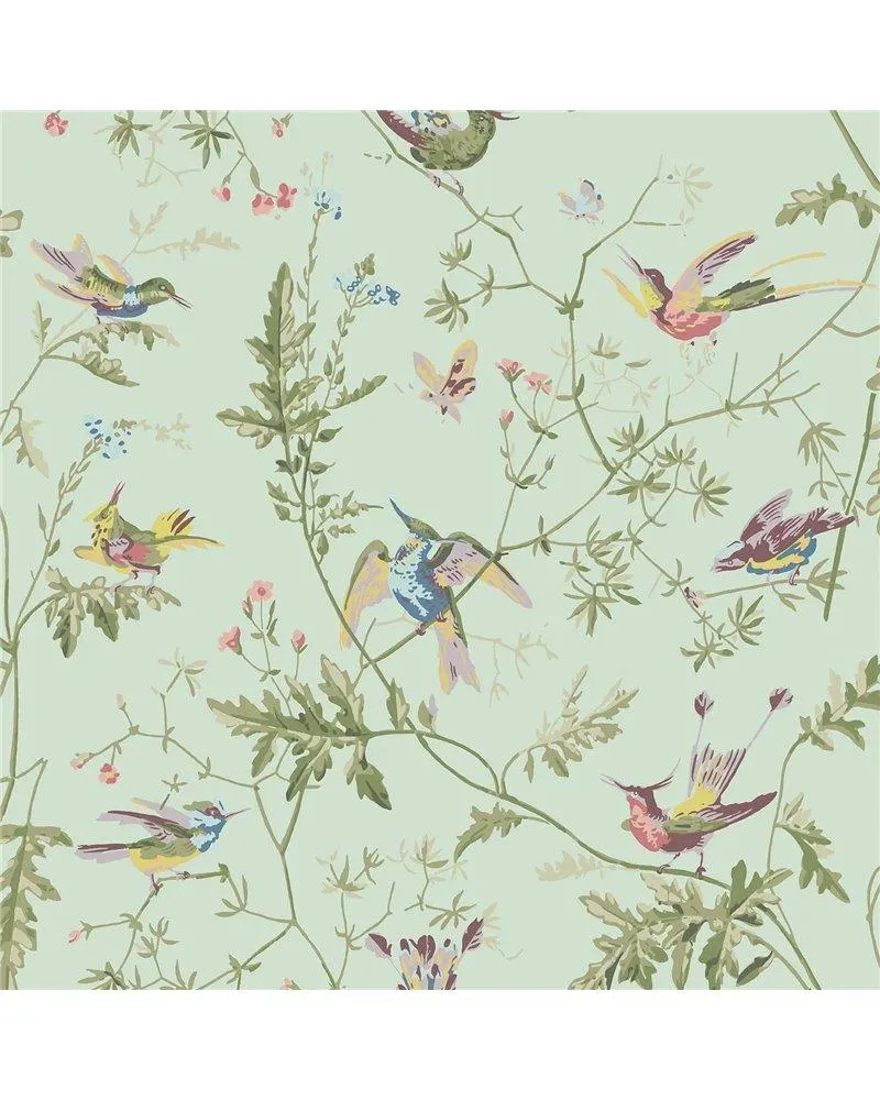 PAPEL PINTADO Hummingbirds Multi Old Olive On Duck Egg Mica 124-1007