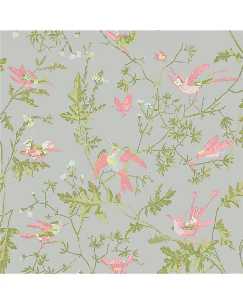 PAPEL PINTADO Hummingbirds Rose & Olive On Grey 124-1003