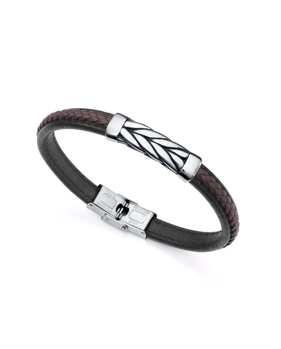 Pulsera Magnum de acero con piel negra y marrón trenzada