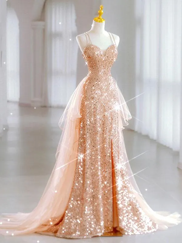 Vestido de noche Corte A Escote en V Con tren Sin mangas Con cordones Vestidos de fiesta social con lentejuelas