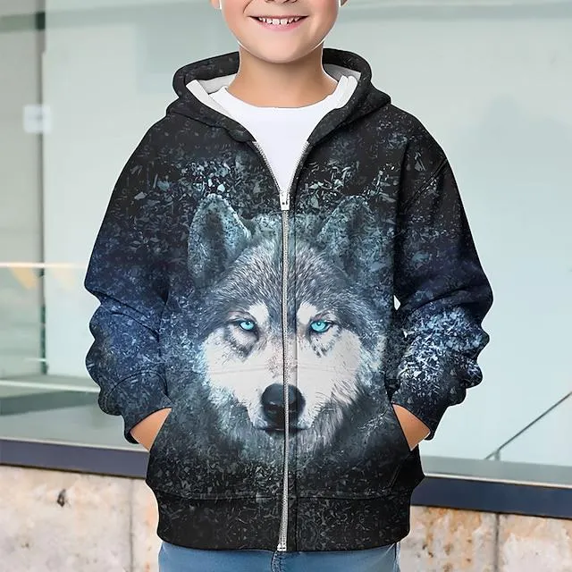 Chico 3D Lobo Sudadera Abrigo Abrigos Manga Larga Impresión 3D Otoño Invierno Moda Ropa de calle Fresco Poliéster Niños 3-12 años Exterior Casual Diario Ajuste regular
