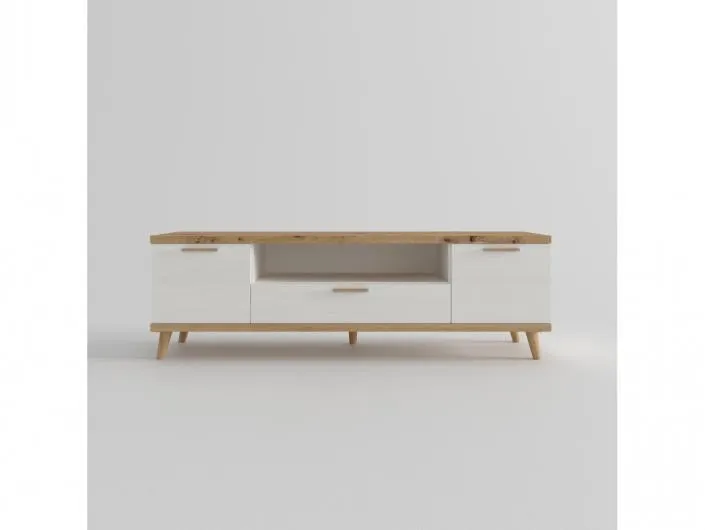 Mesa tv. 2 puertas,hueco y 1 cajón con patas redondas color artisan-polar de 160 cm.