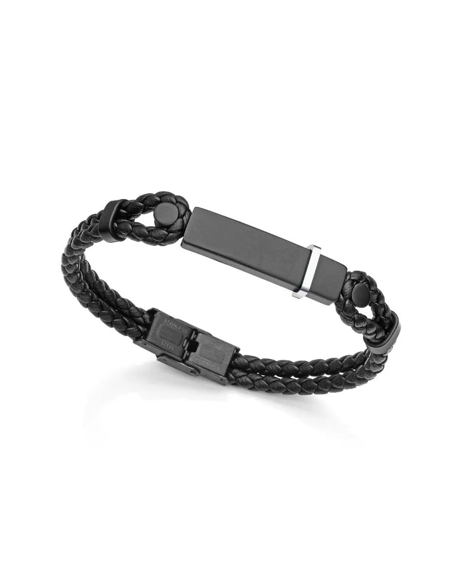 Pulsera de hombre Magnum de acero con motivo en Ip negro y cuero negro