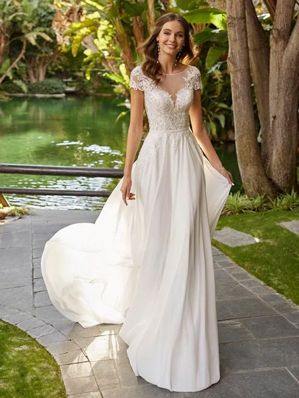 Vestido de novia sencillo Tela satinada Cuello joya Mangas cortas Vestidos de novia de una línea de encaje