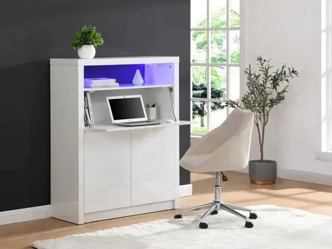 Escritorio con 2 puertas - Con LEDs - MDF - Blanco lacado - MELIONA