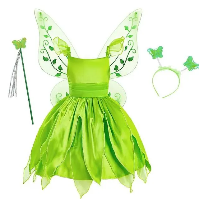 Vestido de disfraz de campanilla para niñas y niños, vestido de fiesta de mariposa, fiesta de actuación, disfraz de manga corta asimétrico verde, vestidos dulces, primavera verano, ajuste regular de