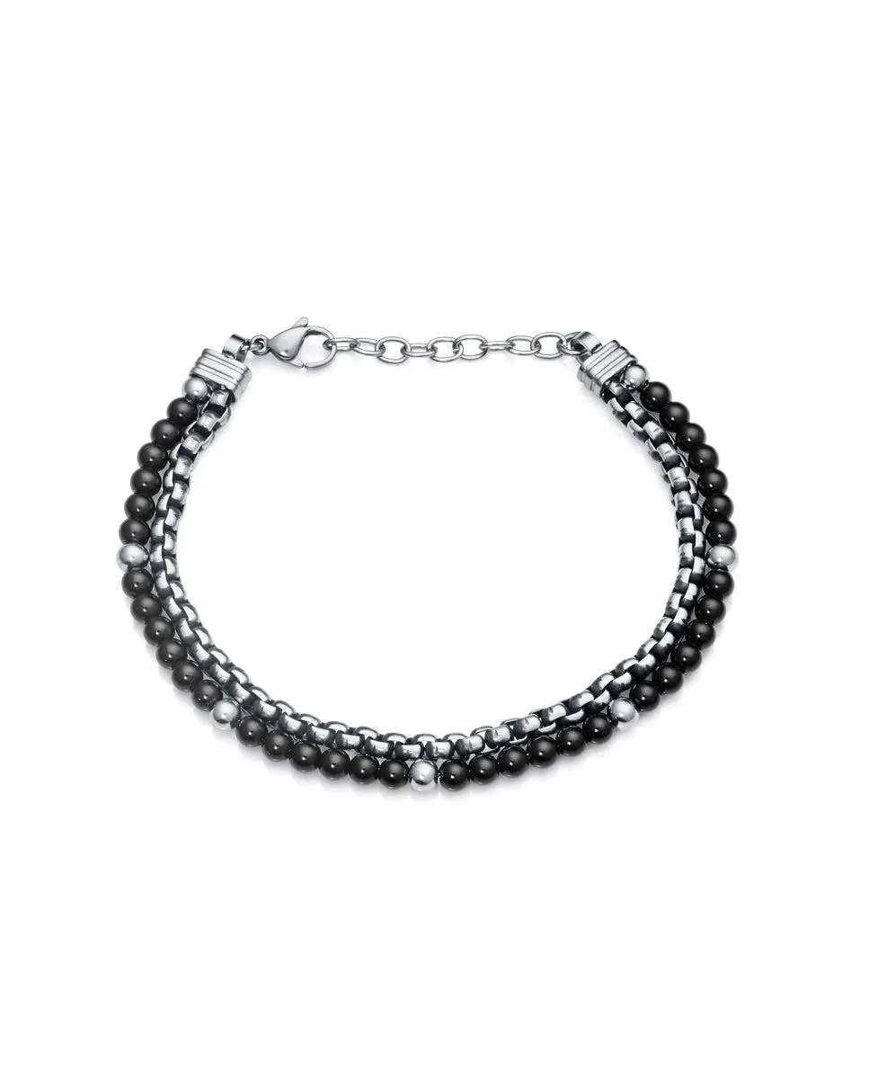 Pulsera doble Air de acero con piedras naturales de ágata negra