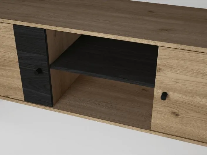 Mueble tv color natural y bocamina con 2 puertas y 2 huecos