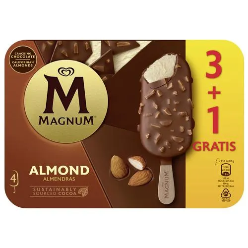 MAGNUM Helado de vainilla recubierto de chocolate con leche y almendras MAGNUM de Frgio 4 x 110 ml.