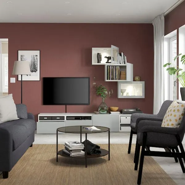 Mueble TV puertas vidrio, blanco Glassvik/Selsviken azul grisáceo claro,