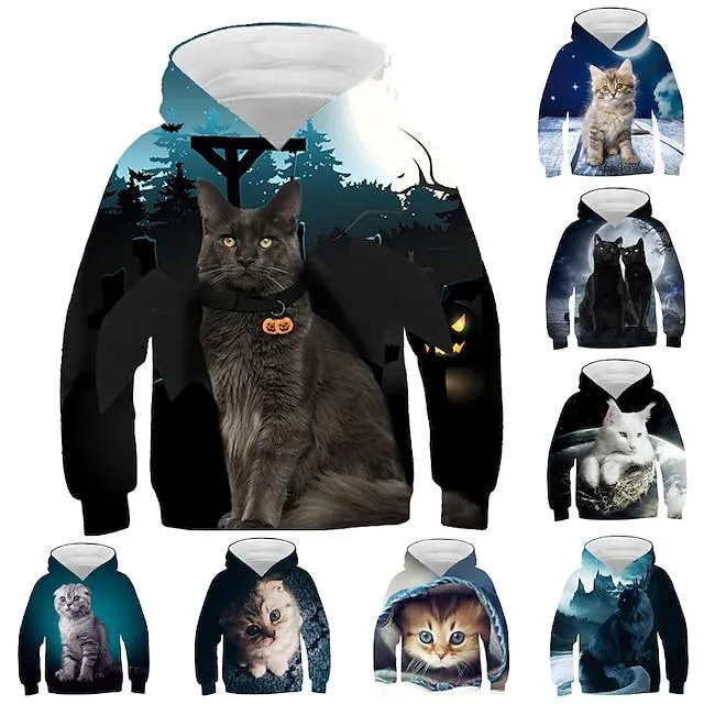 Niños Chica Sudadera Gato Manga Larga Otoño Invierno Activo Moda Algodón Casual Ajuste regular