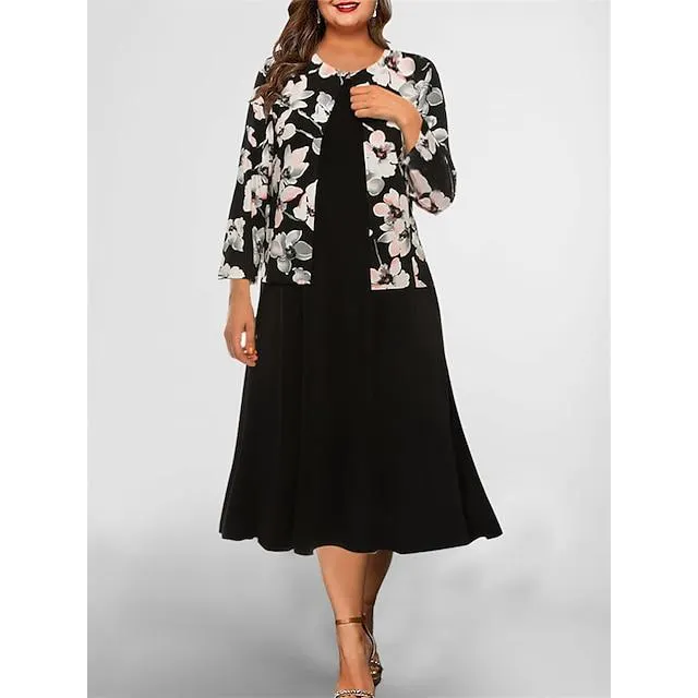 Mujer Talla Grande Curva Vestido informal Conjunto de vestido Vestido de dos piezas Floral Vestido Midi Manga Larga Estampado Cuello Barco Maduro Exterior Negro Vino Otoño Invierno L XL XXL 3XL 4XL