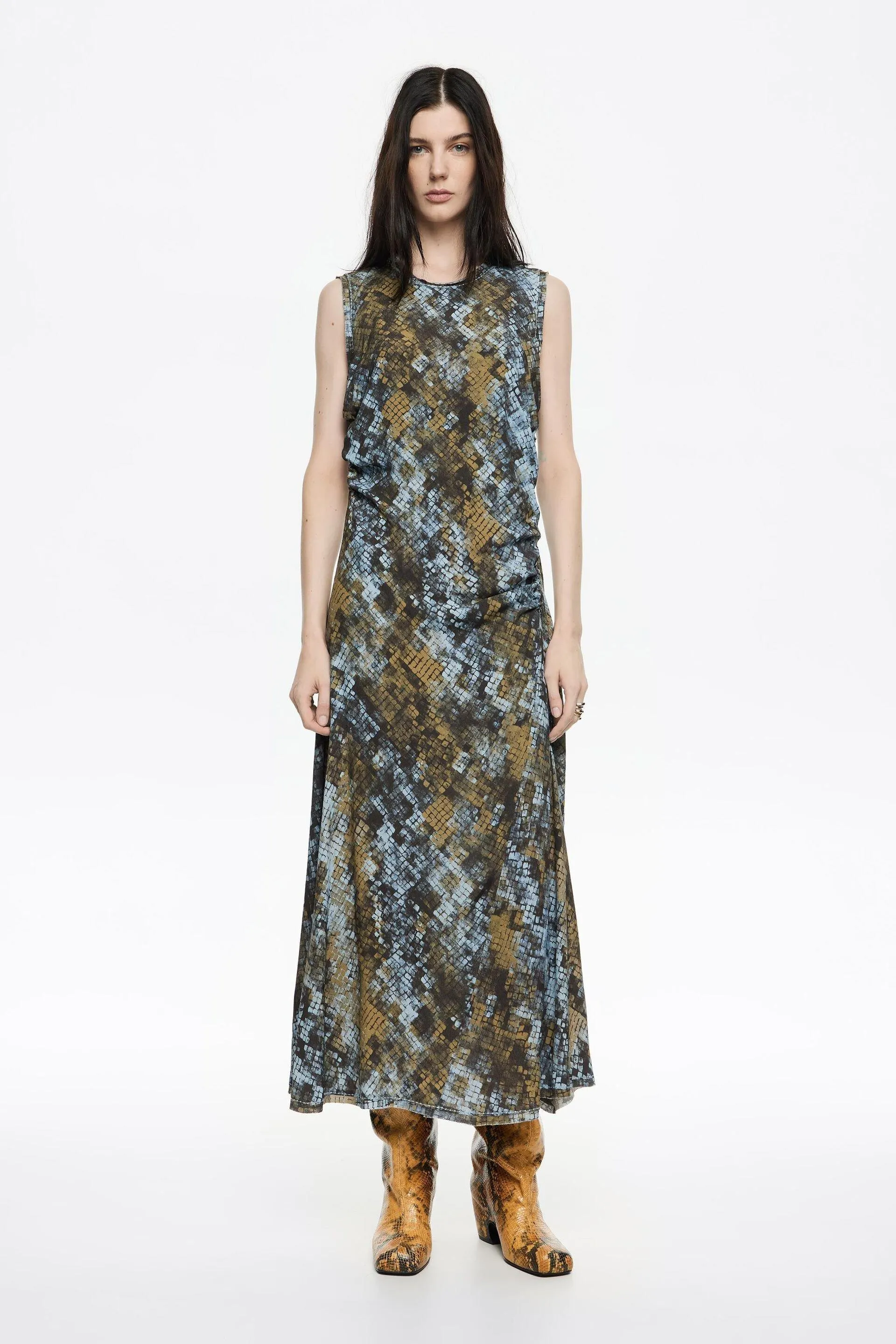 Vestido fruncido Snake caqui