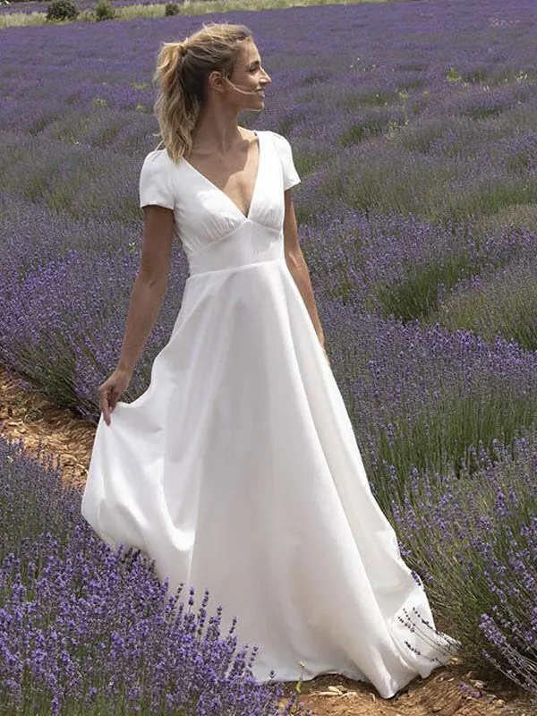 Vestido de novia con tren Cuello en V Mangas cortas Botones Hasta el suelo Vestidos de novia