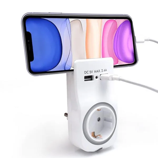 ADAPTADOR DE PARED WELLY ENJOY 1 TOMA SCHUKO 16A CON LUZ NOCTURNA SOPORTE PARA TELEFONO 2 PUERTOS USB INDICADOR LED BLANCO WY13030