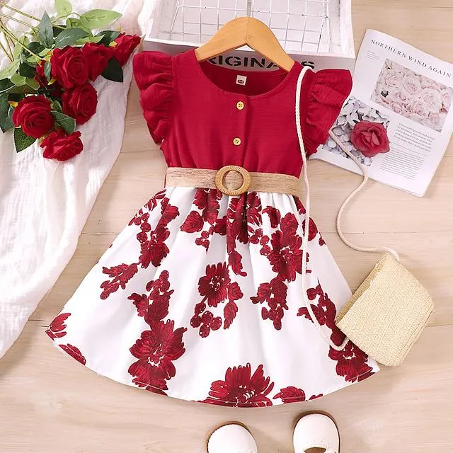 Niños Chica Vestido Floral Manga Corta Casual Moda Diario Algodón Sobre la rodilla Vestido informal Vestido de una línea Verano Primavera 1-6 años Rosa Rojo Verde Trébol