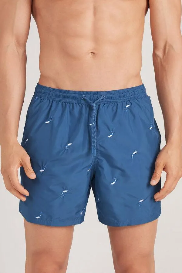 Swim Trunks with Embroidered Whales