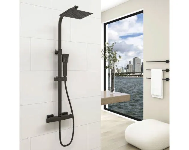 Aica columna ducha termostática 38℃ negro mate 73-115cm