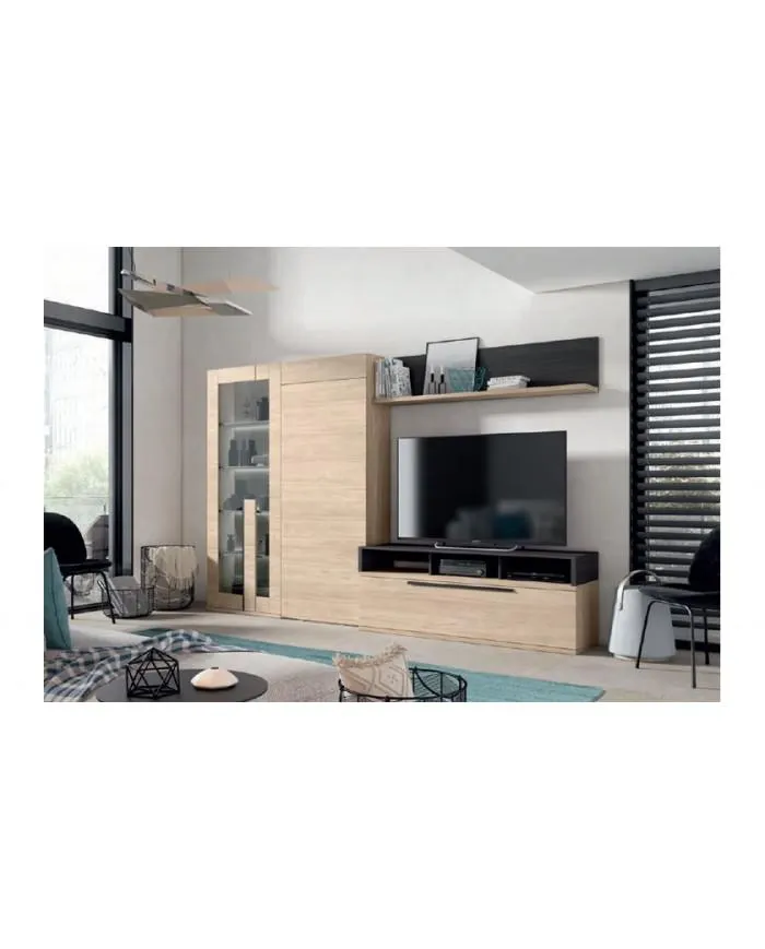 Mueble de comedor con estantería, mesa abatible y vitrina en color madera nude bocamina en Nattex