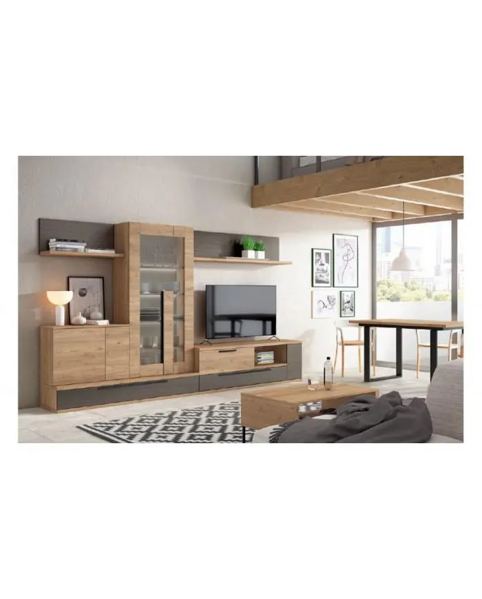 Mueble de comedor con vitrina, estanterías y mesa de centro en color madera natural en Nattex