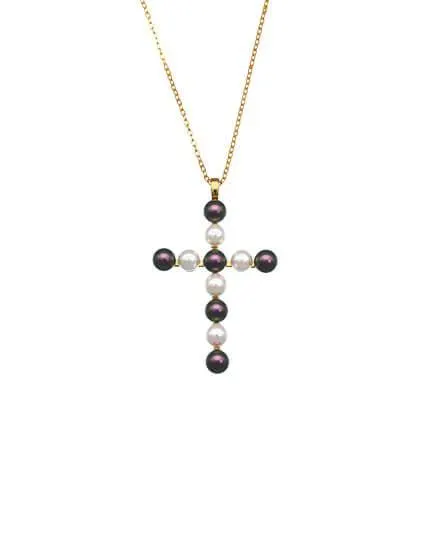 Colgante cruz dorado con perlas tahití y blancas