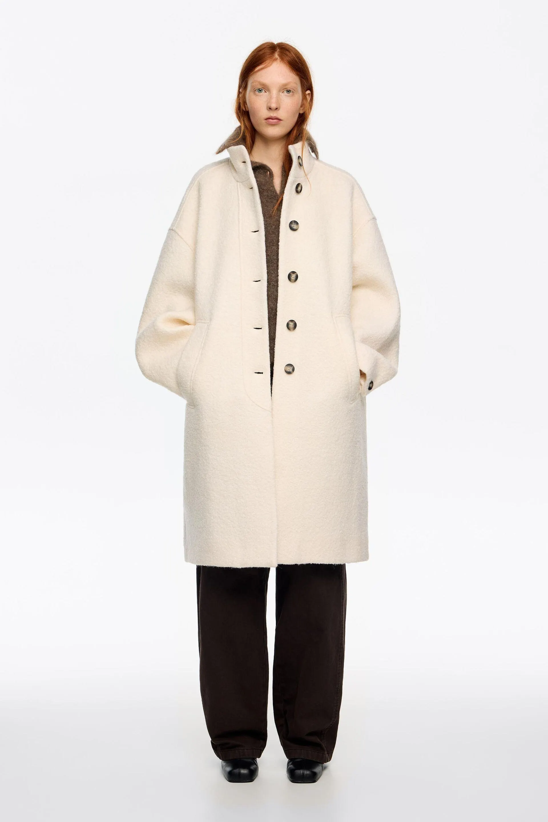 Abrigo lana bouclé midi blanco roto