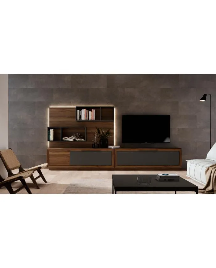 Composición salón en tonos madera y grafito