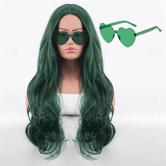 Peluca verde peluca ombre verde peluca verde de onda larga con gafas verdes para mujeres pelucas verdes onduladas y rizadas cortas pelucas sintéticas del día de San Patricio