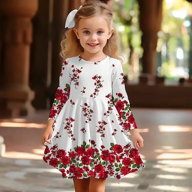 Girls ' 3D Graphic Floral Vestido Manga Larga Impresión 3D Verano Primavera Otoño Deporte Diario Festivos Estilo lindo Casual Hermosa Niños 3-12 años Vestido informal Vestido de una línea Sobre la