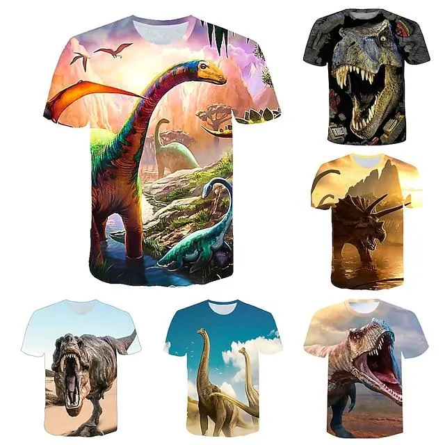 Niños Bebé Chico Camiseta Manga Corta Dinosaurio Bestias fantasticas Gráfico 3D Animal Cuello redondo Estampado Blanco Azul Piscina Amarillo Niños Tops Activo Fresco 2-12 años