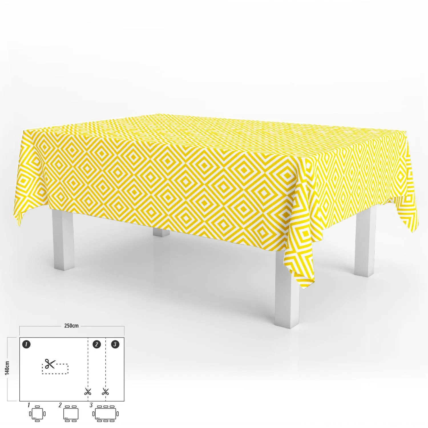 Mantel Hule Rectangular Rombos Amarillos Impermeable Antimanchas PVC 140x250 cm. Recortable Uso Interior y Exterior